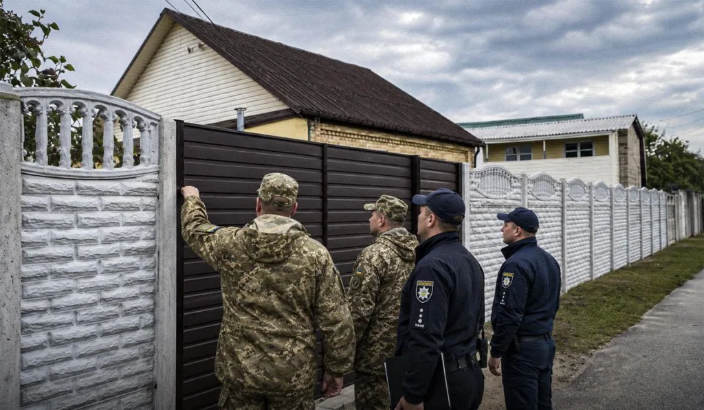 Військові та поліцейські біля воріт будинку