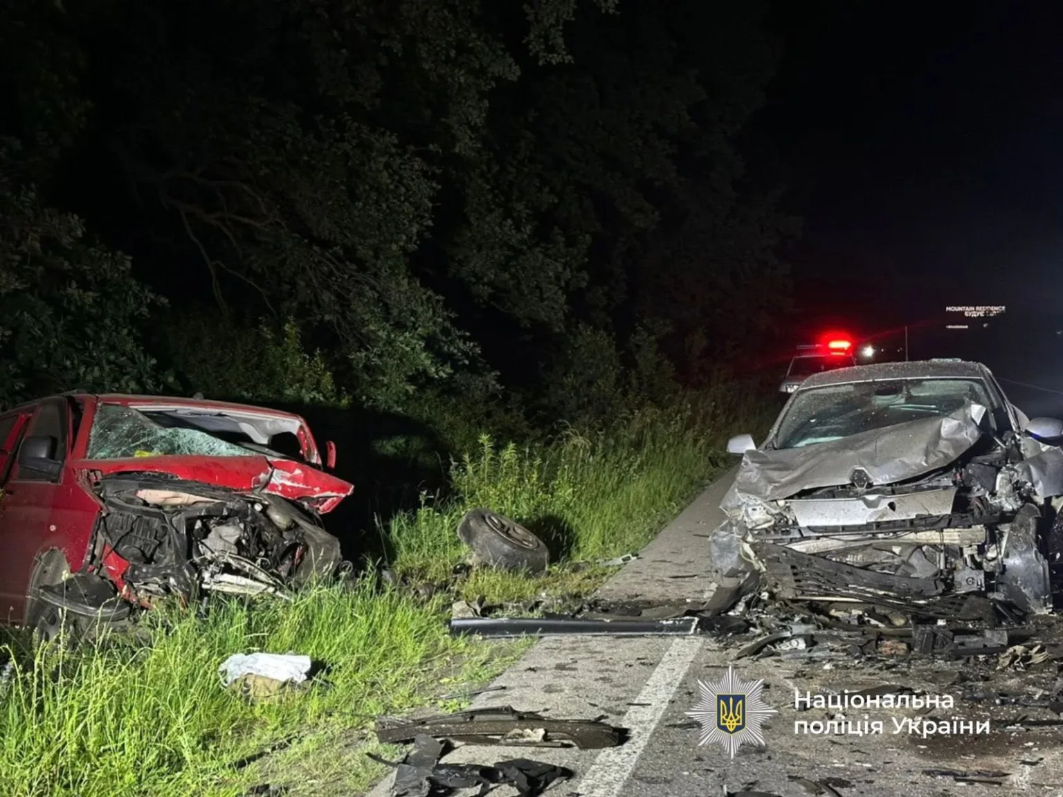 Лобове зіткнення двох автомобілів на трасі вночі