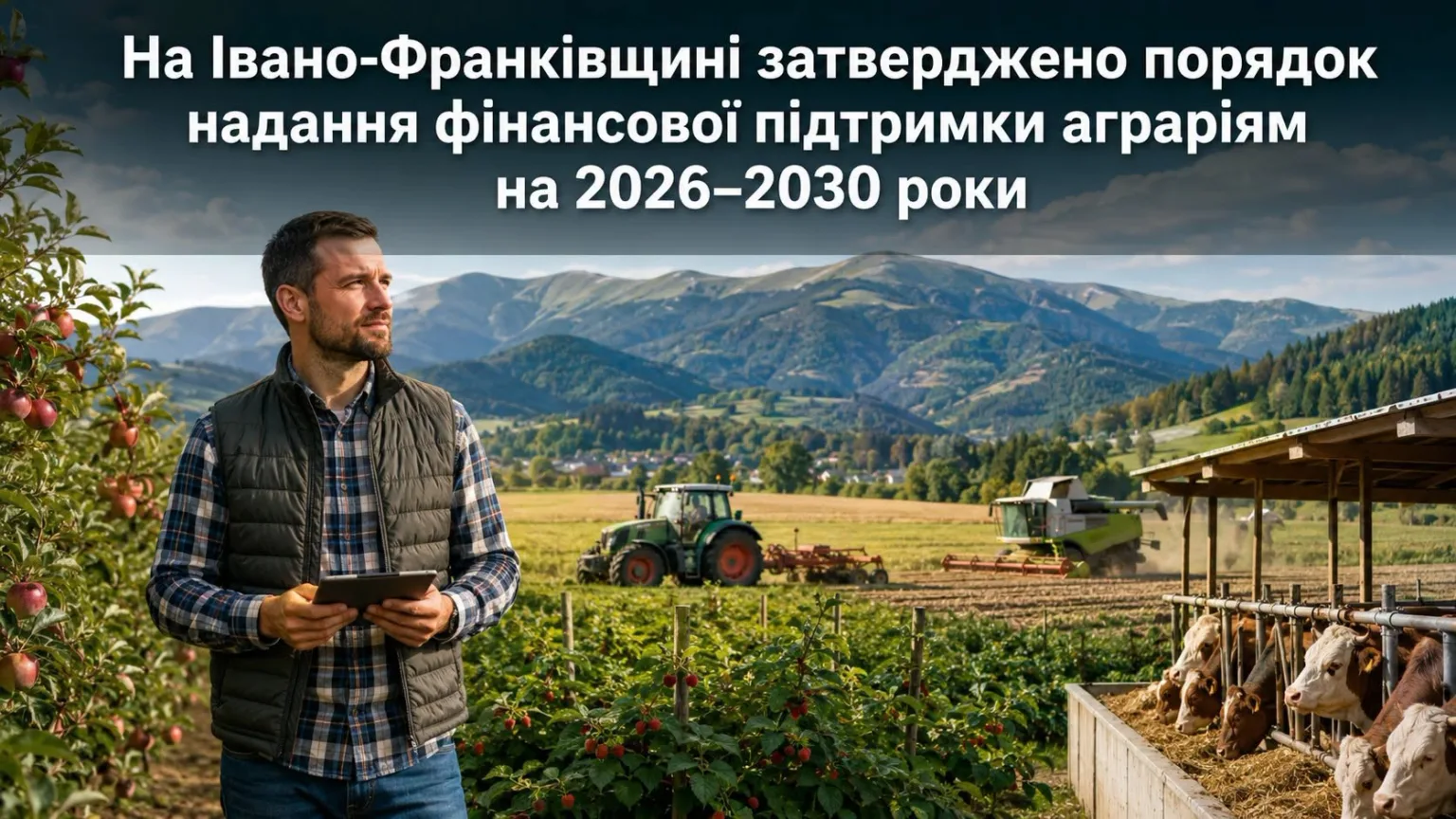 Фермер у полі Івано-Франківщини з технікою та худобою