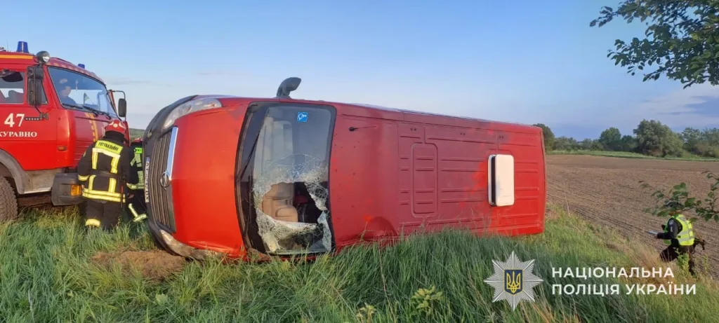 Пожежники біля переверненого червоного мікроавтобуса на полі