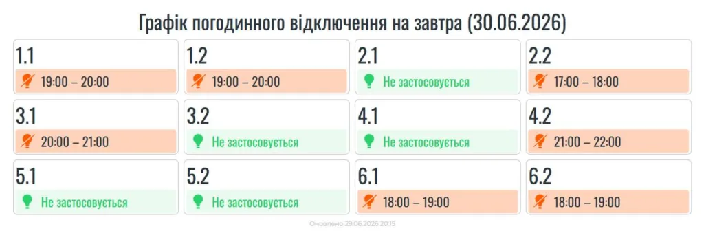 Графік погодинного відключення електроенергії на 30 червня 2026