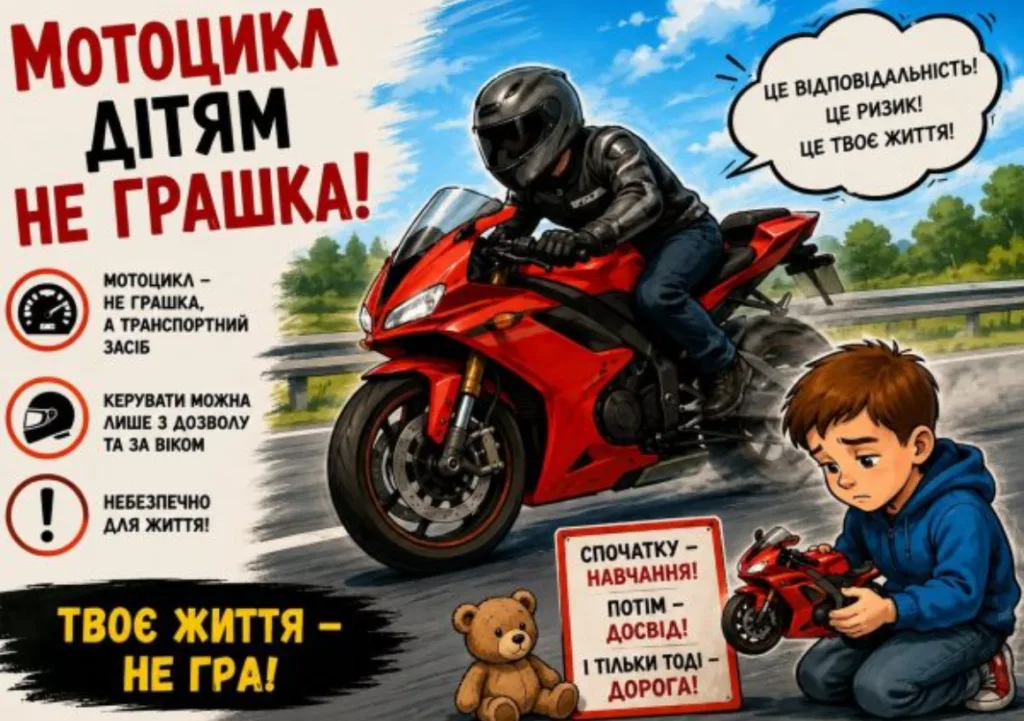 Плакат безпеки: мотоцикл — не іграшка для дітей