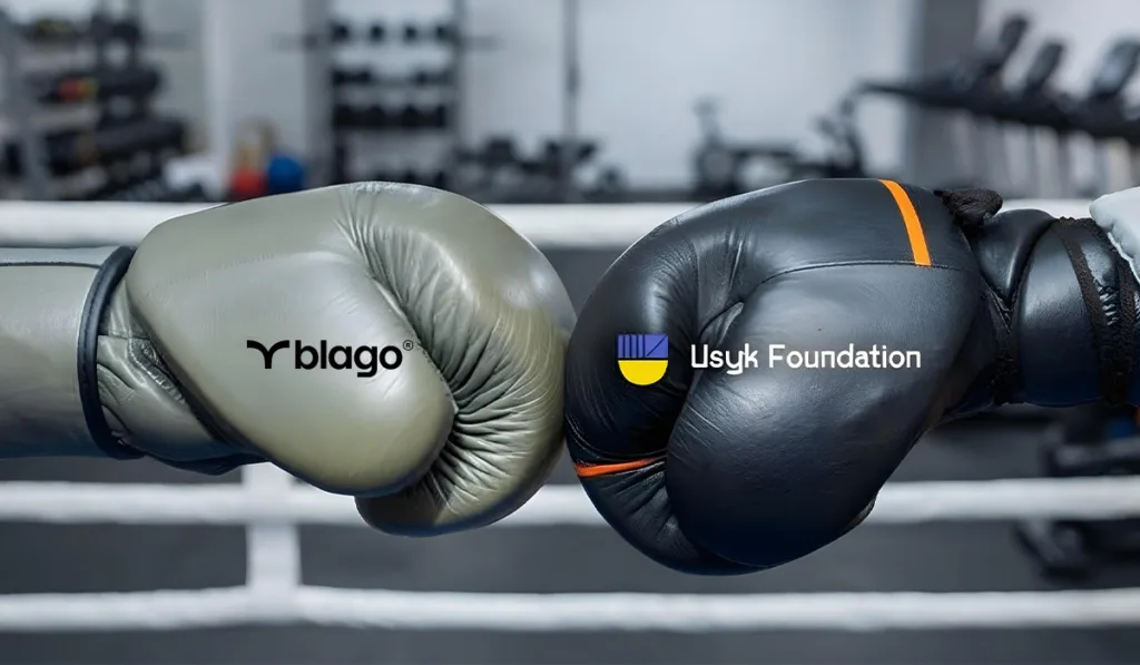 Боксерські рукавички з логотипами Blago і Usyk Foundation