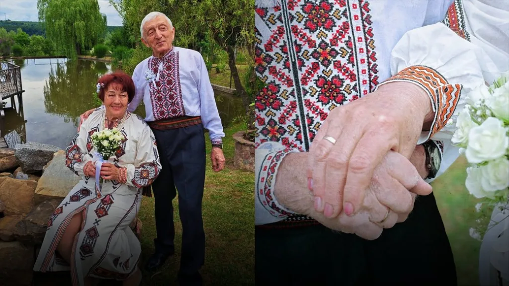Пара літніх людей у вишиванках біля озера