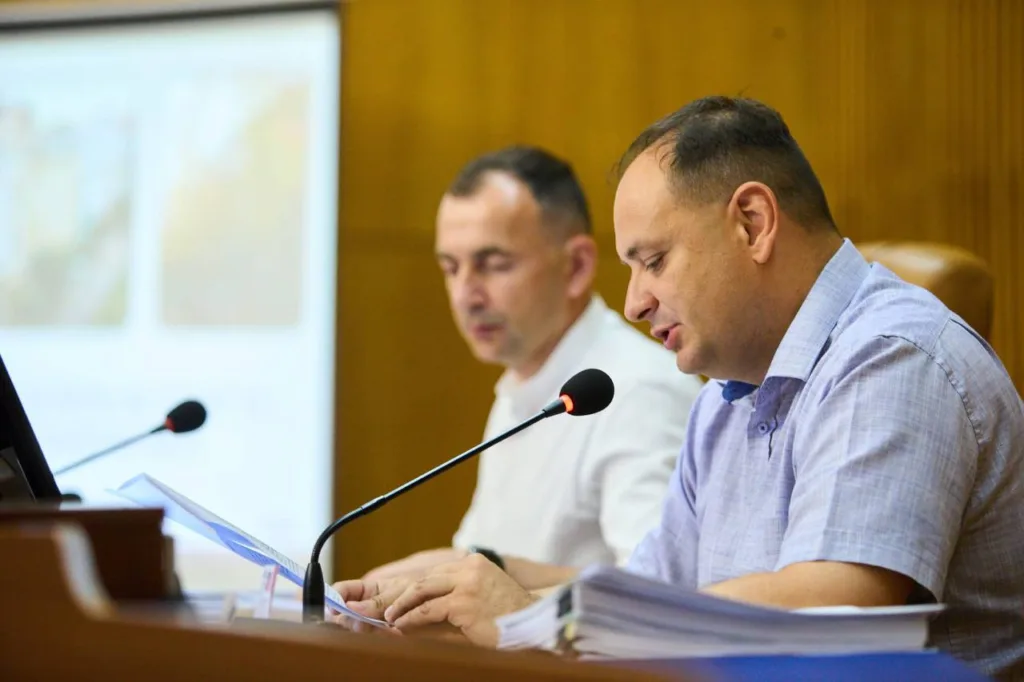 Двоє чоловіків виступають на офіційній нараді