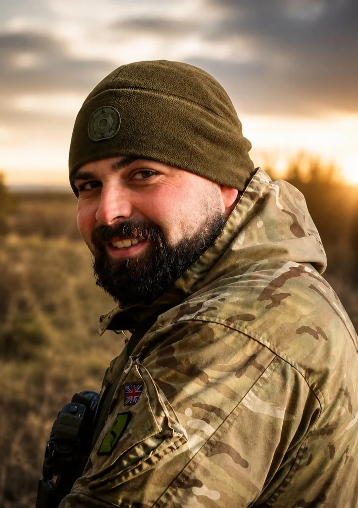 Військовий у камуфляжі на заході сонця