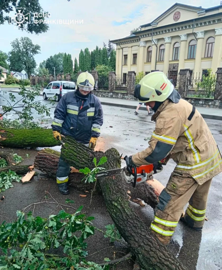 Рятувальники розпилюють повалене дерево бензопилою на дорозі