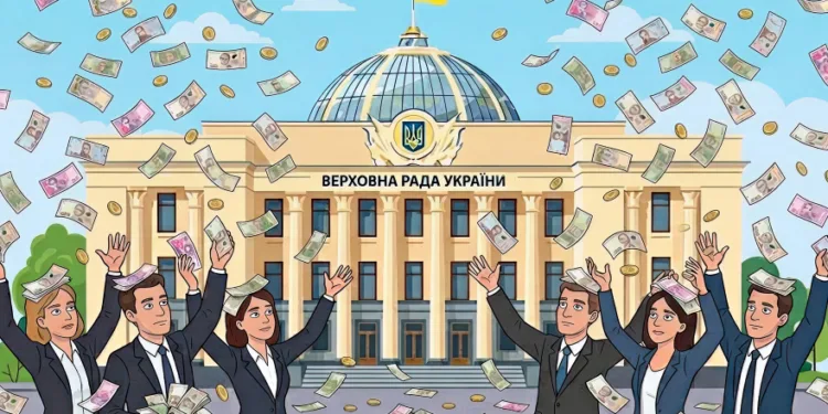 Люди перед Верховною Радою України під дощем грошей