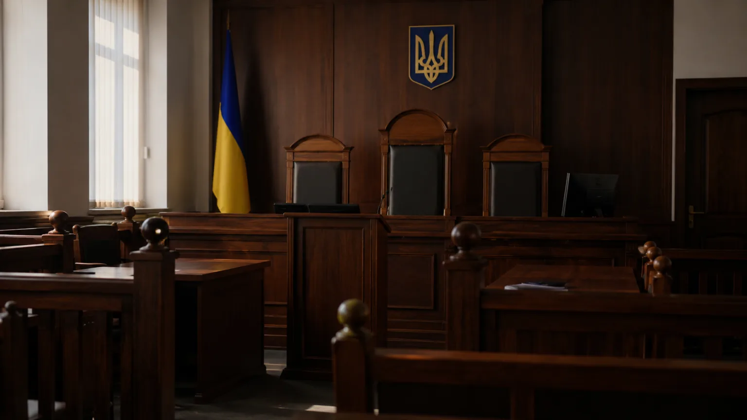 Порожній зал українського суду з трибуною