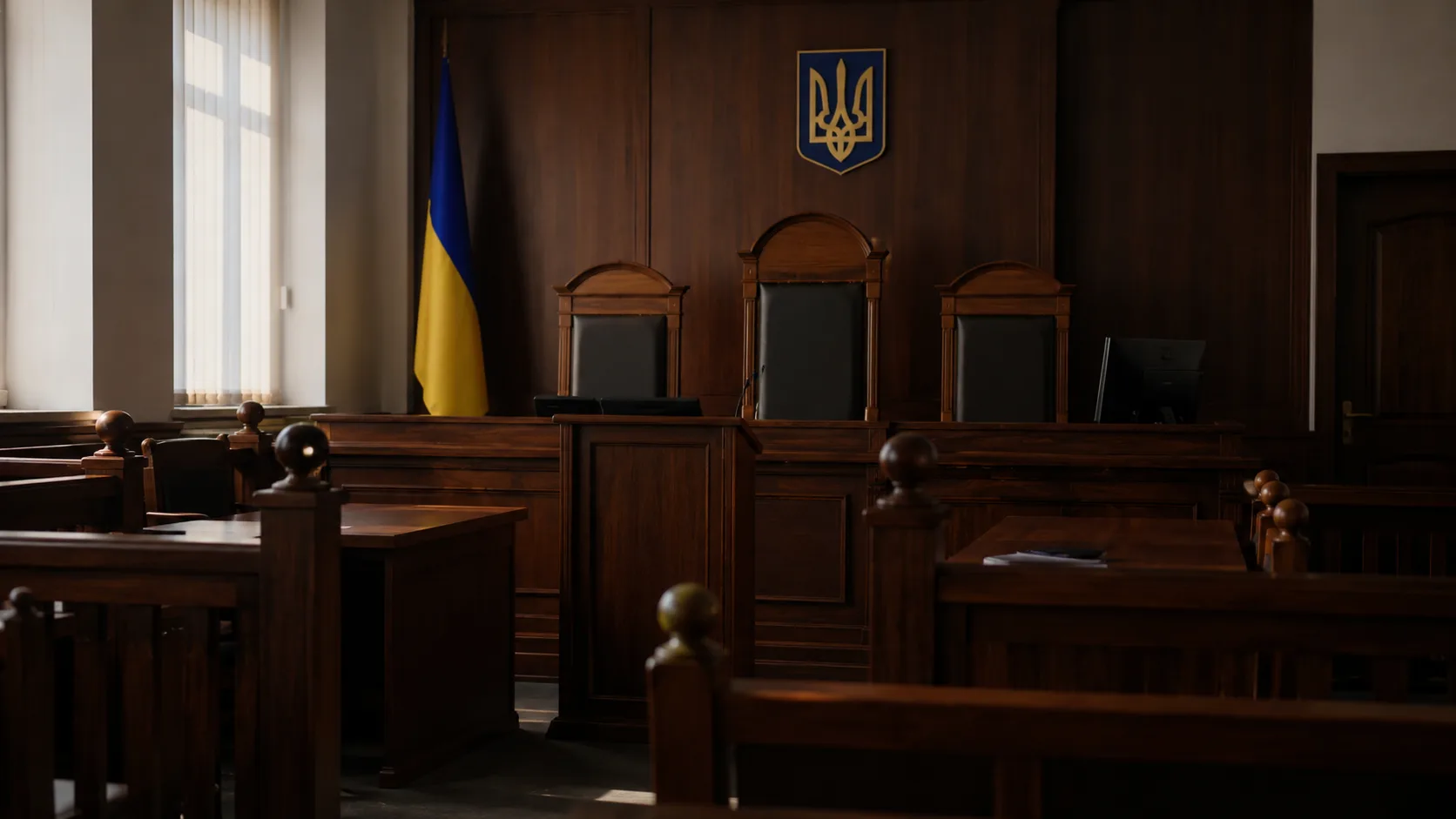 Порожній зал українського суду з трибуною