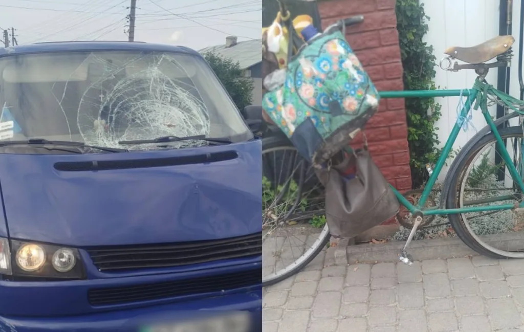 Пошкоджений фургон і зелений велосипед після аварії