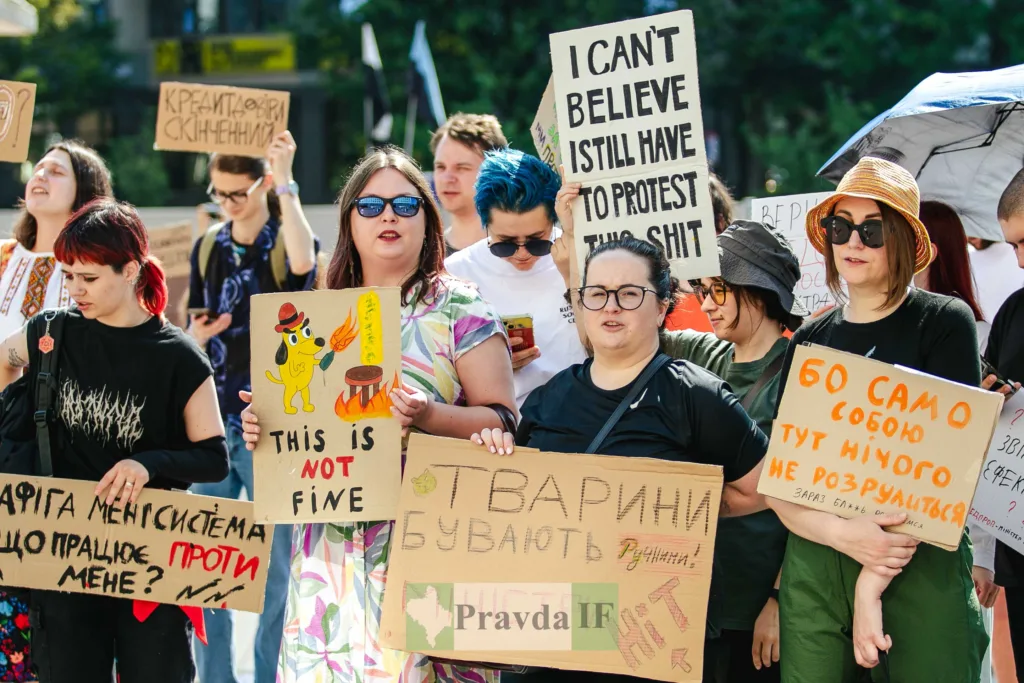 Учасники мирного протесту з плакатами на вулиці