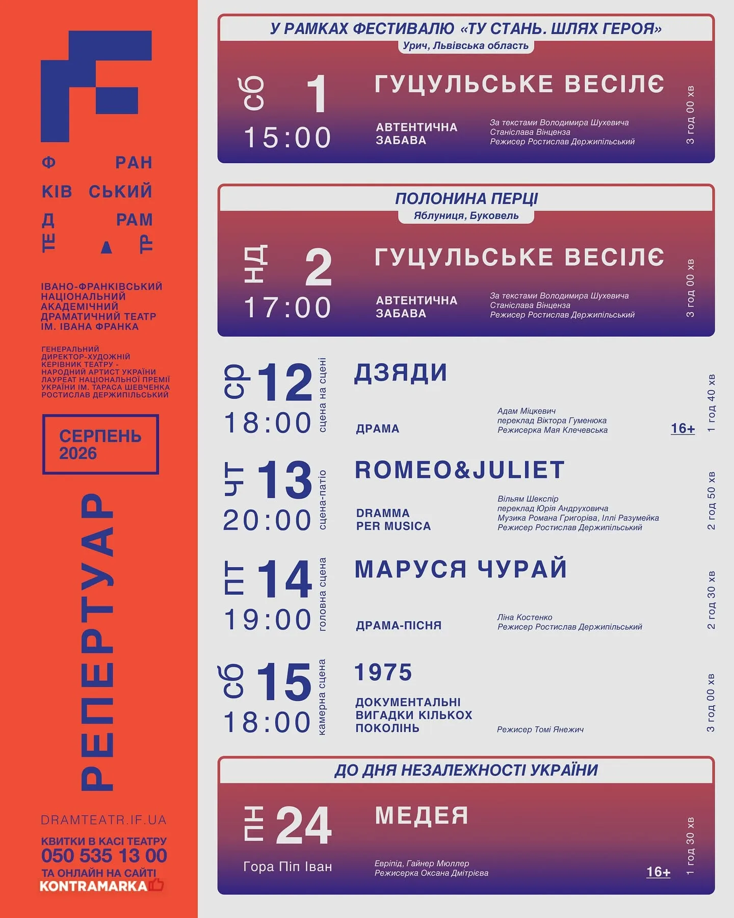 Афіша вистав Івано-Франківського театру серпень 2026