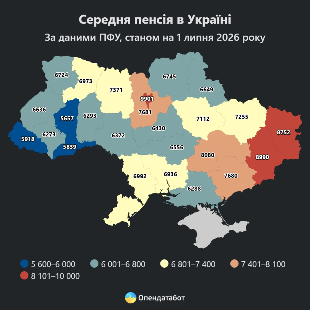 Карта середньої пенсії в Україні 2026 року