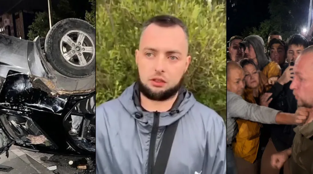 Аварія, чоловік на вулиці, натовп людей