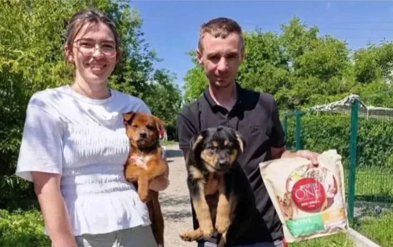 Двоє людей тримають щенят та корм Purina ONE