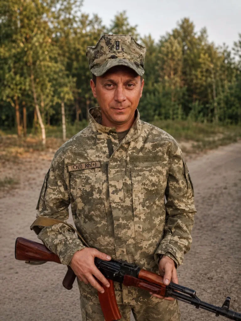Український військовий з автоматом на лісовій дорозі