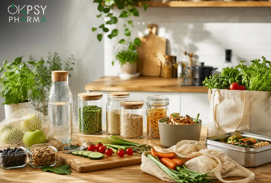 Здорові продукти та багаторазові контейнери на кухні