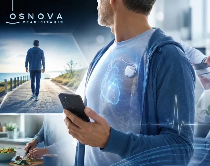 Чоловік із кардіомонітором і смартфоном під час реабілітації