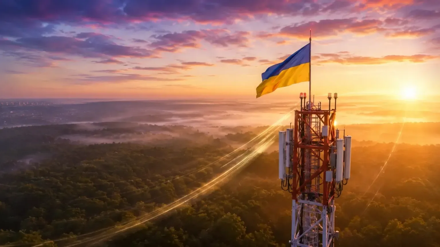Український прапор на вежі зв’язку під час світанку