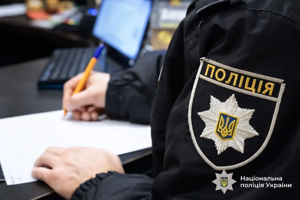 Поліцейський України заповнює документ за робочим столом