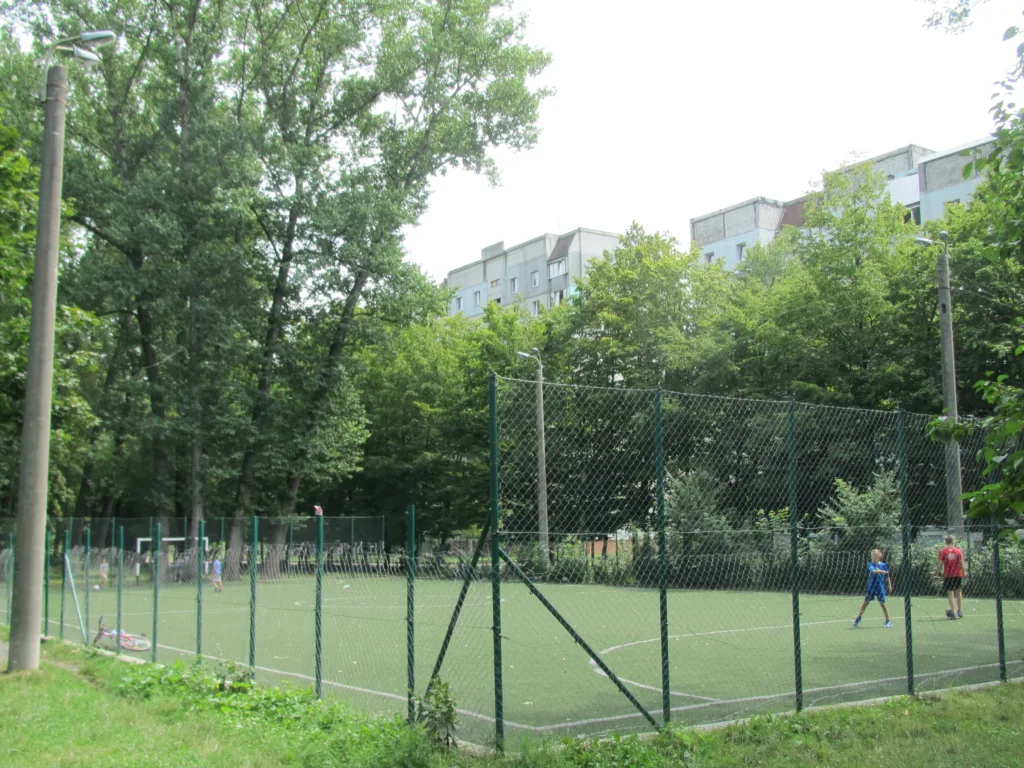 Діти грають на огородженому футбольному майданчику серед дерев