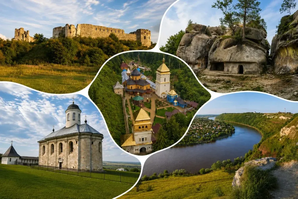 Колаж пам’яток Тернопільщини: замки, монастир, скелі та Дністер.