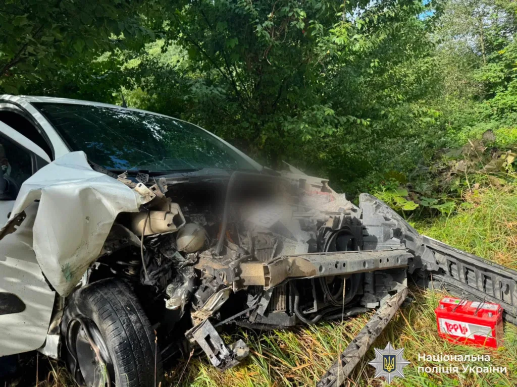 Автомобіль із розбитою передньою частиною біля лісу