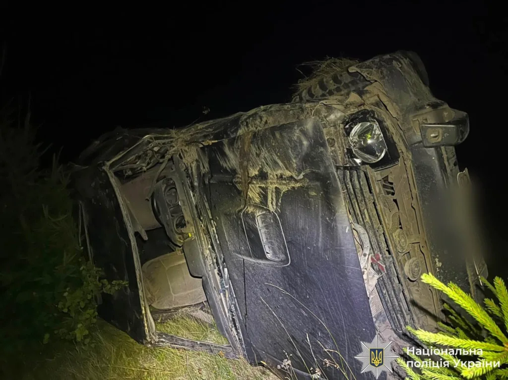 Перекинутий автомобіль після нічної ДТП у траві