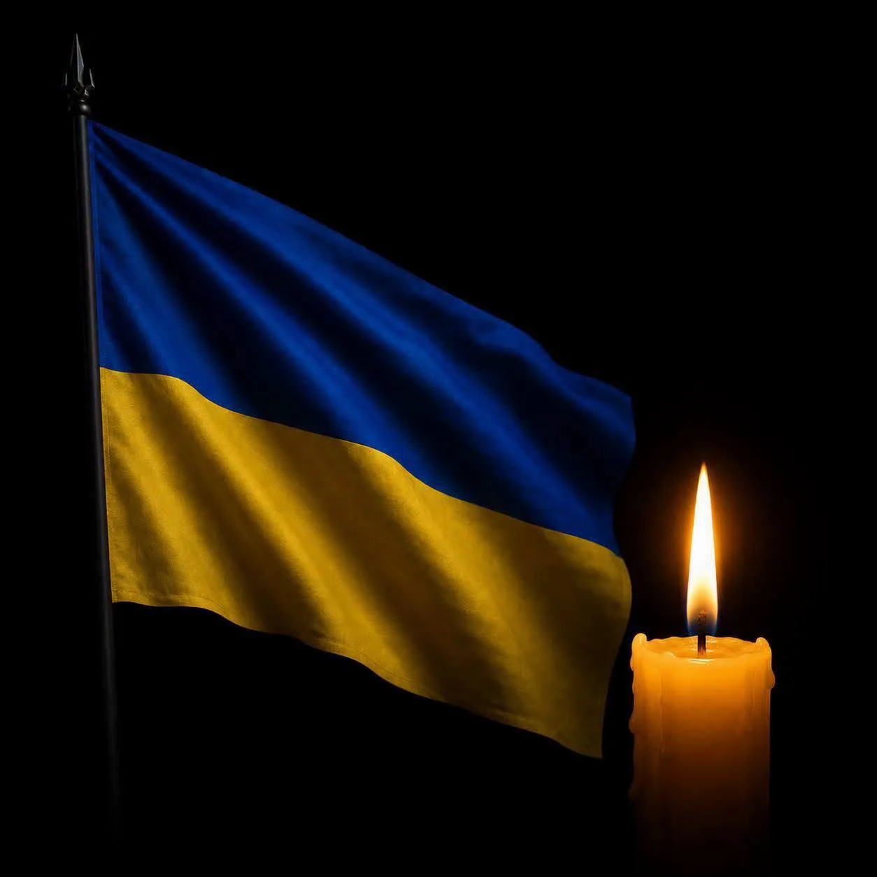 Український прапор і запалена свічка на чорному тлі