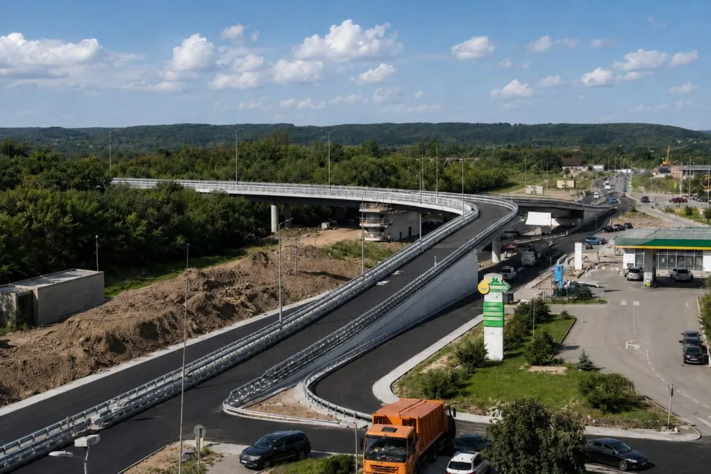 Новий автомобільний шляхопровід біля заправки серед зелених пагорбів