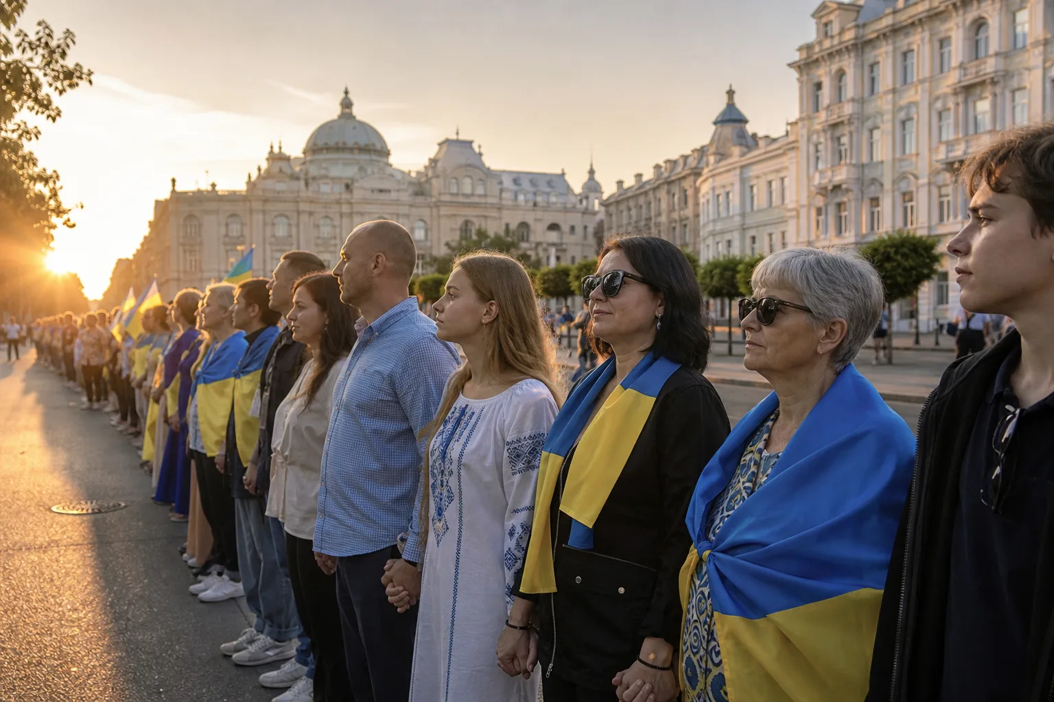 Люди з українськими прапорами стоять у живому ланцюзі
