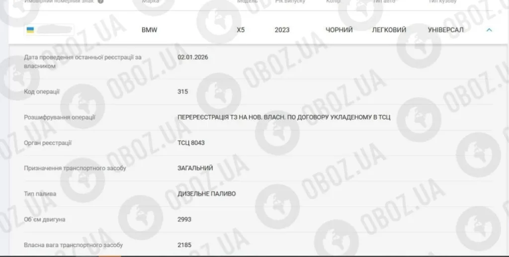 Скріншот реєстраційних даних BMW X5 2023 року