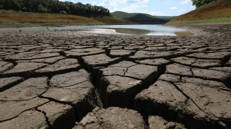 Розтріскане дно пересохлого водосховища серед пагорбів