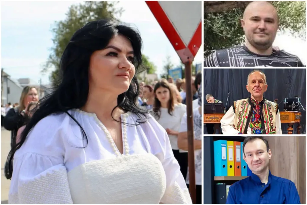 Колаж із жінкою на заході та трьома чоловіками