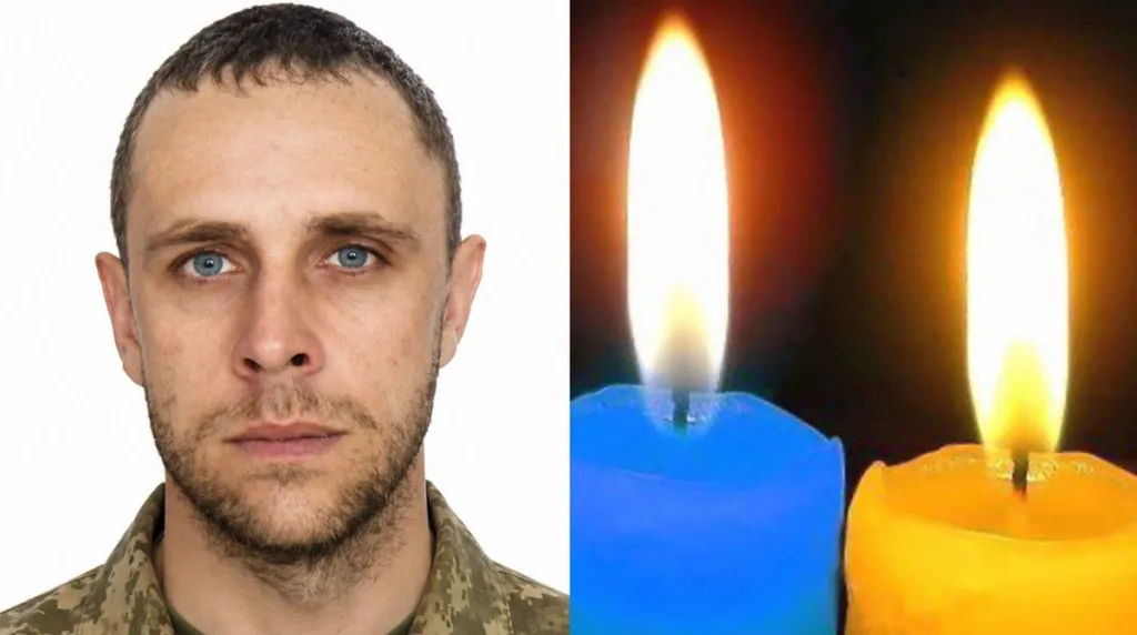 Портрет військового поруч із синьо-жовтими свічками
