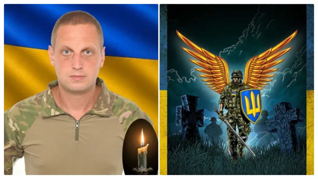 Військовий на тлі прапора України та ангел-воїн