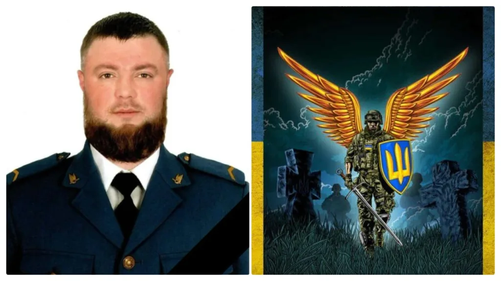 Портрет військового поруч із меморіальною ілюстрацією воїна-ангела
