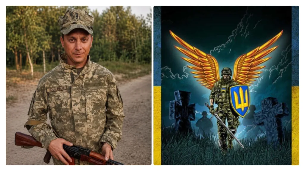 Український військовий поруч із патріотичною ілюстрацією воїна-ангела
