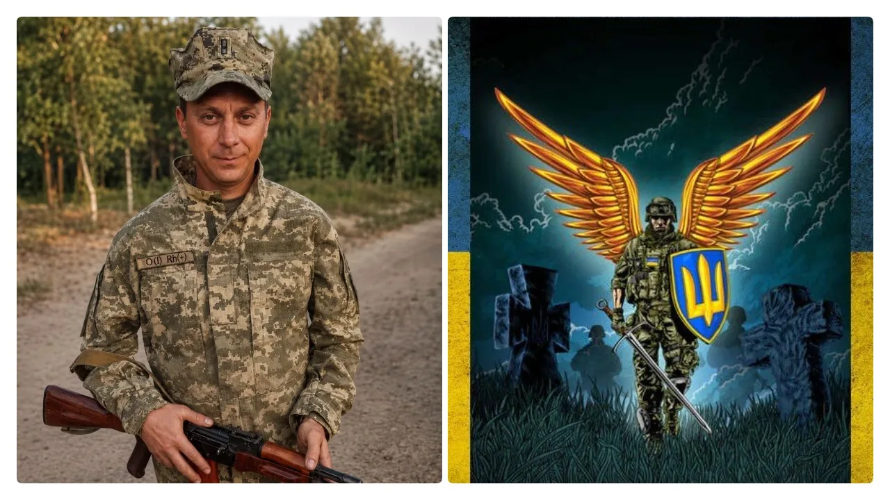Український військовий поруч із патріотичною ілюстрацією воїна-ангела