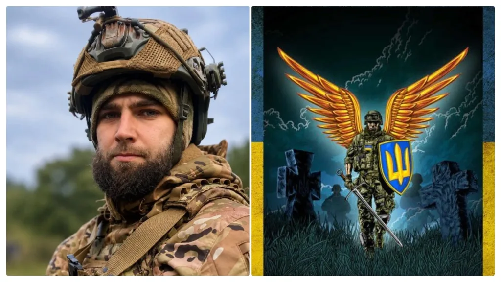 Портрет військового поруч з ілюстрацією захисника України