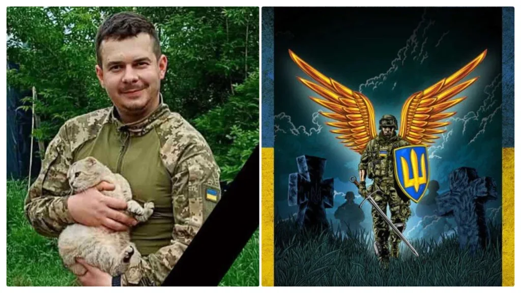Колаж українського військового з котом і символічного воїна-ангела