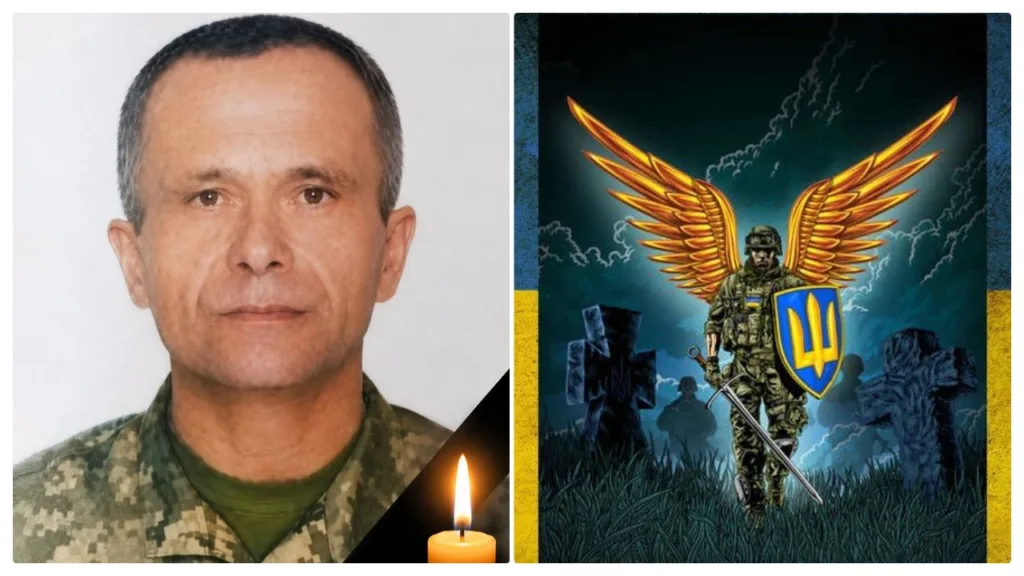 Портрет військового поруч із меморіальною ілюстрацією ангела-захисника