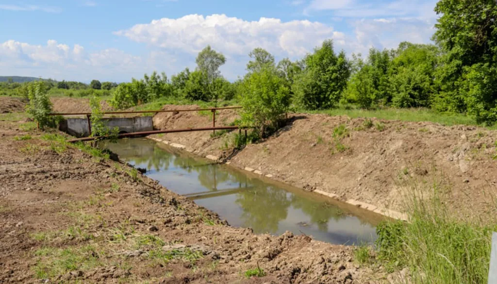 Меліоративний канал із водою та невеликим мостом