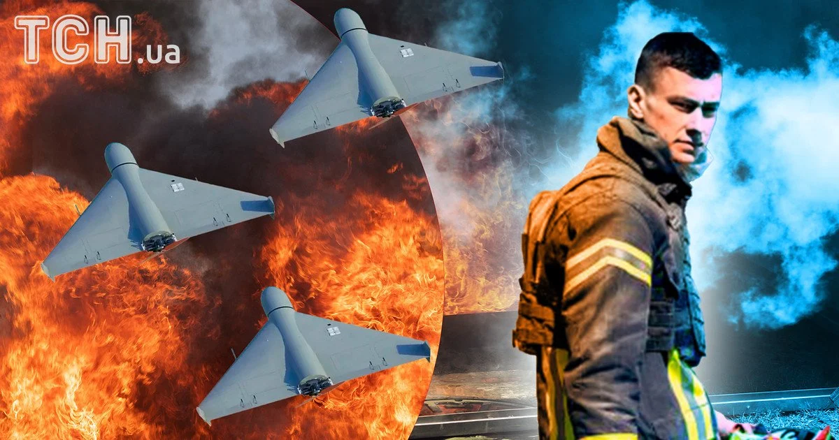 Рятувальник на тлі пожежі та трьох дронів