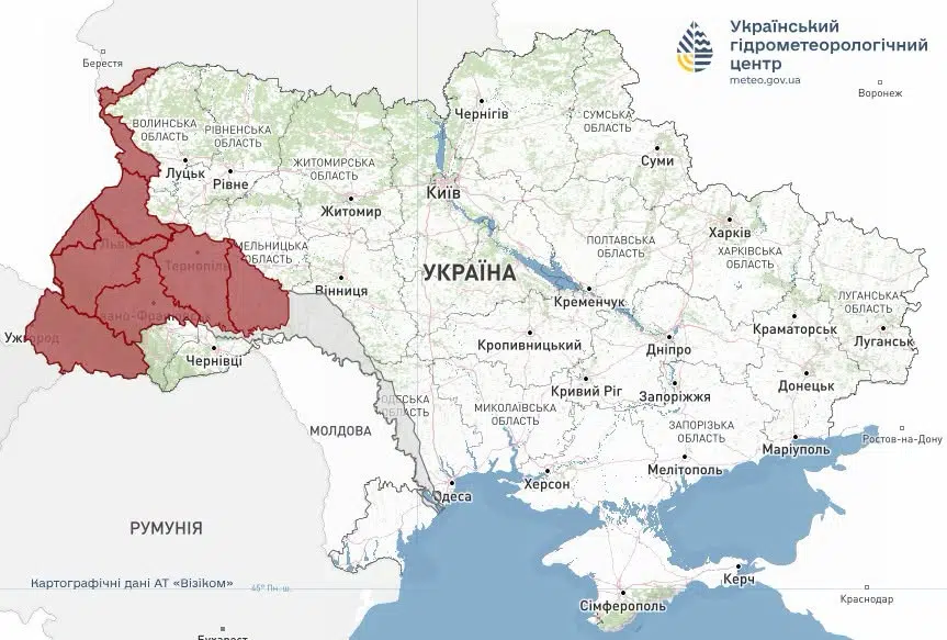 Карта України з виділеними червоним західними областями