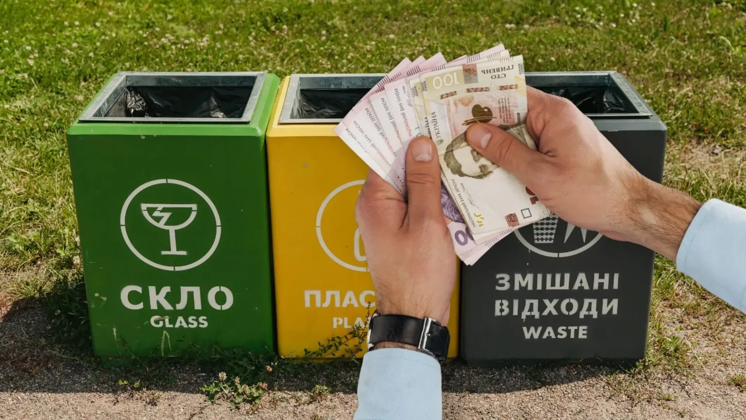 Руки з гривнями перед контейнерами для сортування сміття