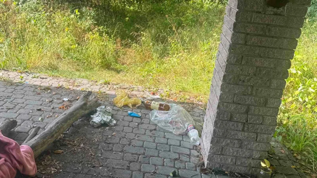 Сміття біля цегляної колони на брукованій доріжці