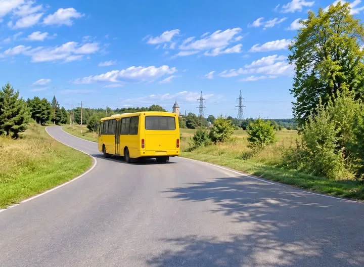 Жовтий автобус їде звивистою сільською дорогою