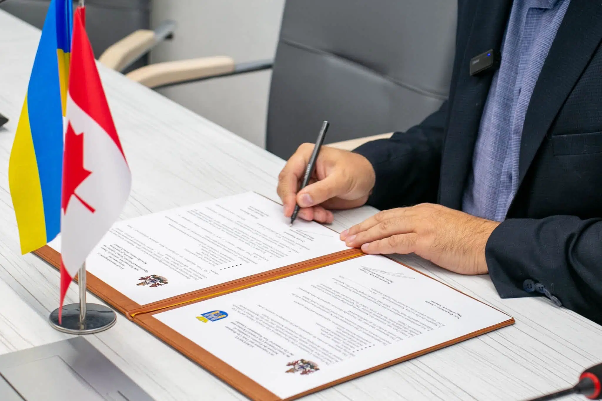 Посадовець підписує документи поруч із прапорами України та Грузії